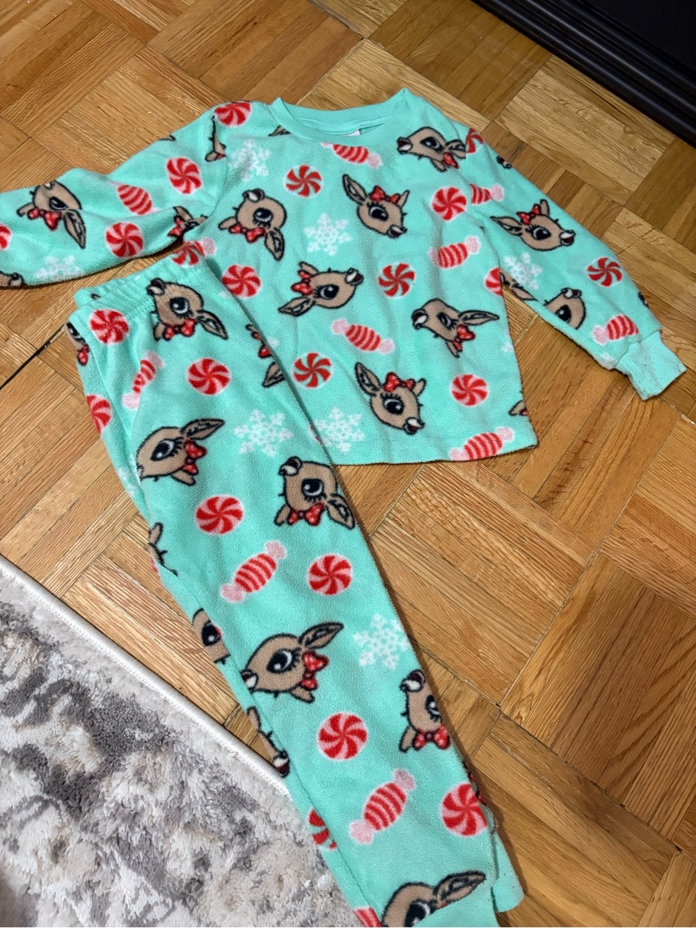 Rudolph red Norse Girls fleece Mint Reindeer & Candy Fleece Pajama Set 3 years